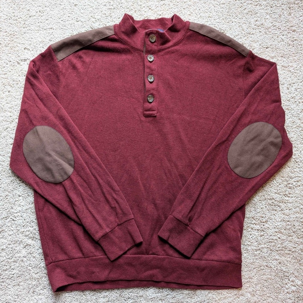 Cremieux Henley Sweater Mens Large Burgundy Brown Elbow Patch Mock Neck 4-Button